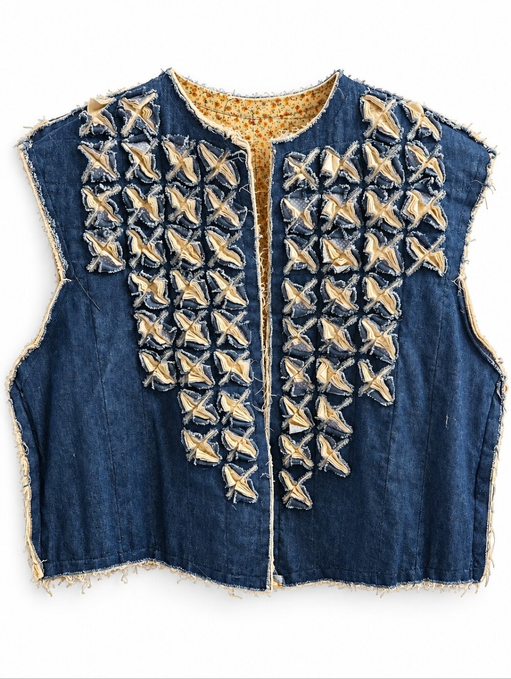 Handmade Denim Quilted Vest M/L Raw Edge Layered Patchwork Wearable Art